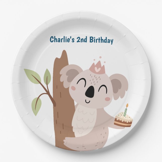 Pary animal, Koala with birthday cake Paper Plate (Front)