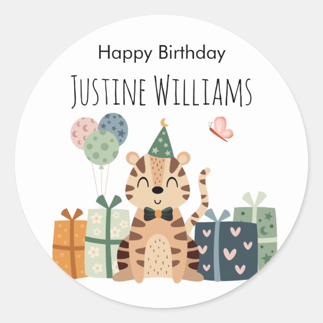 Pary animal, Tiger with gifts and party hat Classic Round Sticker (Front)