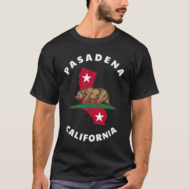 Pasadena California CA Flag and Bear Badge Souveni T-Shirt (Front)