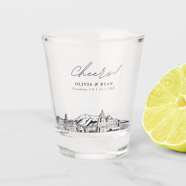 Pasadena Wedding Favour Cheers Shot Glass (Front)