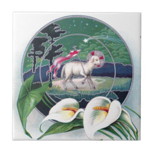 Paschal Lamb and White Lilies Vintage Easter Tile