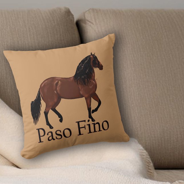 Paso Fino Horse Illustration Equestrian Cushion (Tan throw pillow with illustrated Paso Fino horse and bold text, rustic equestrian home décor accent)