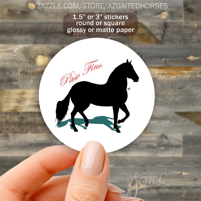 Paso Fino Horse Silhouette Elegant Script Classic Round Sticker (Round sticker featuring a black Paso Fino horse silhouette with red script text reading “Paso Fino.”)