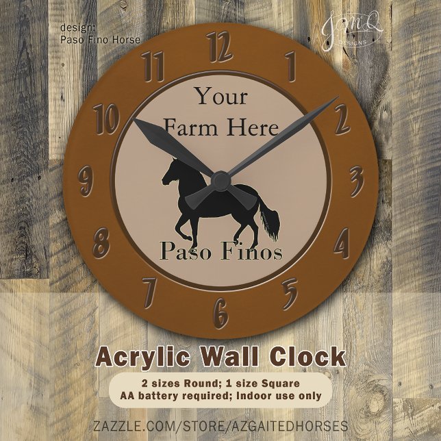 Paso Finos - Personalise It Round Clock (Rustic Paso Fino horse silhouette wall clock with custom farm name 🐎)