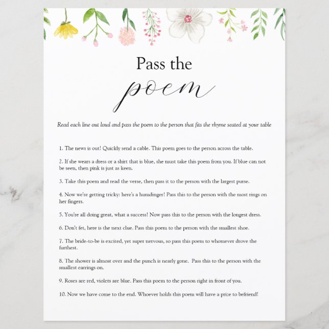 Pass the Poem Bridal Shower game (Front)