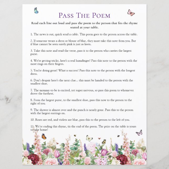 Pass The Poem | Pink Purple Floral Baby Shower (Front)