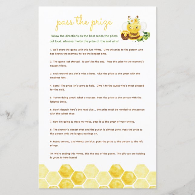 Pass the prize baby shower game - bee honey (Front)