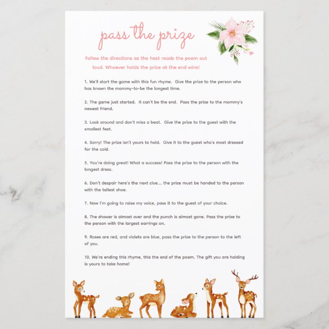 Pass the Prize Baby Shower Game Pink Floral Deer (Front)