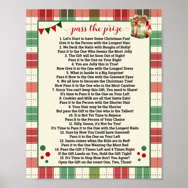 Pass the Prize Poem Christmas Game Plaid Sign (Front)