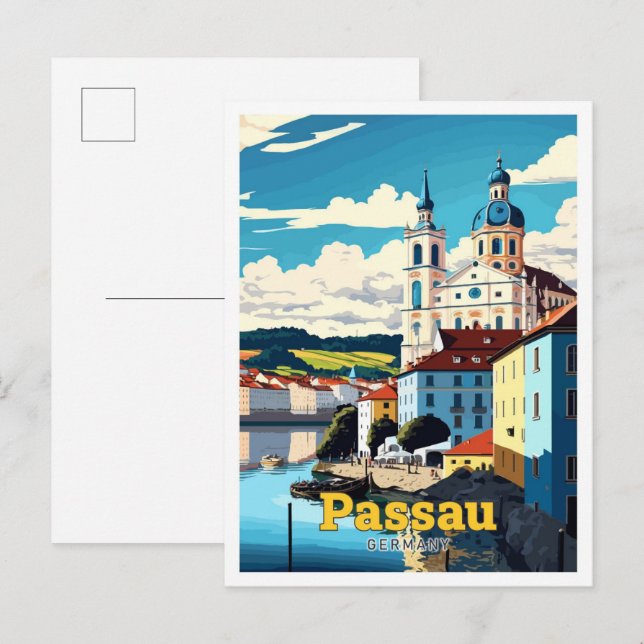 Passau Germany Travel Art Vintage Illustration Postcard (Front/Back)