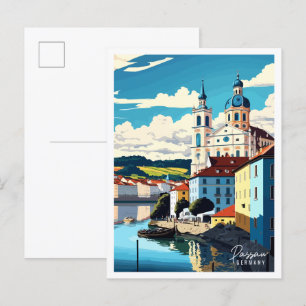 Passau Germany vintage travel illustration Postcard