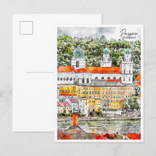 Passau Germany vintage travel watercolor Postcard