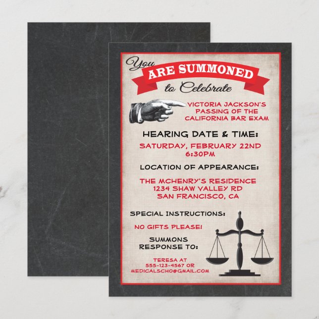Passed the Bar Exam Law School Invitation Summons (Front/Back)