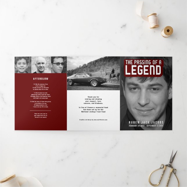 Passing of a legend Funeral service red 12 photo Tri-Fold Programme (Outside)