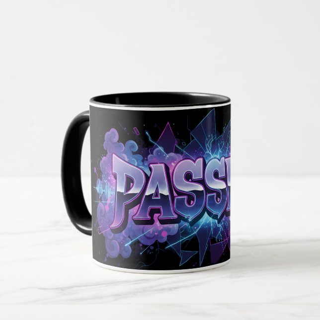 Passion Cyberpunk Typography – Vibrant Modern Word Mug (Front Left)