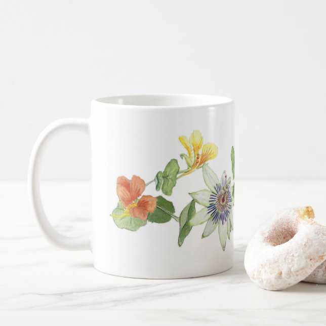 Passion flower, Nasturtiums and Morning Glories Coffee Mug (With Donut)