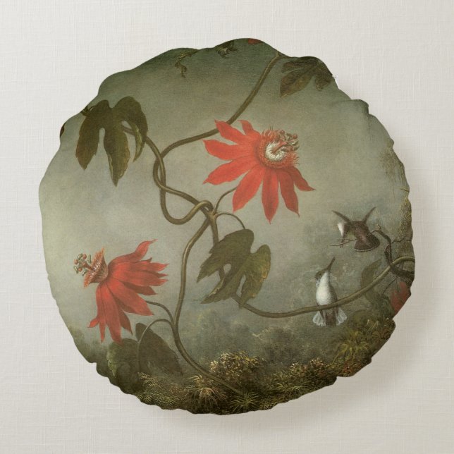Passion Flowers and Hummingbirds by Martin J Heade Round Cushion (Back)