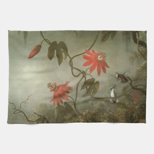Passion Flowers and Hummingbirds by Martin J Heade Tea Towel (Horizontal)