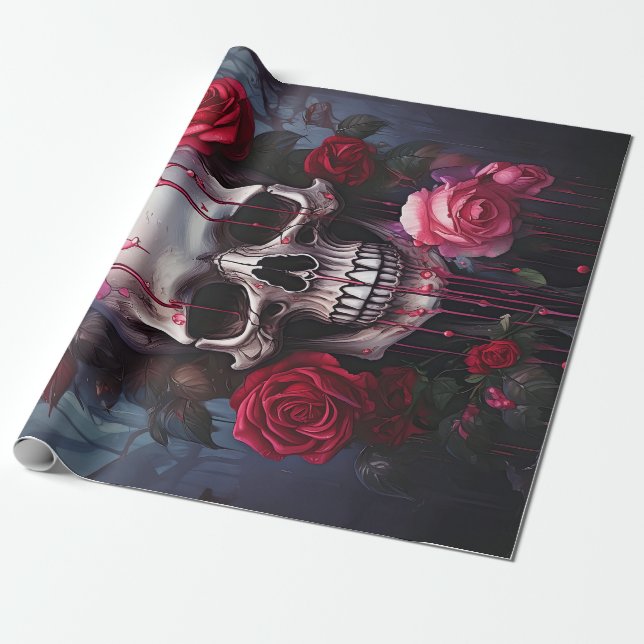 Passion Flowers Flowing Tears, Goth Skull & Roses Wrapping Paper (Unrolled)