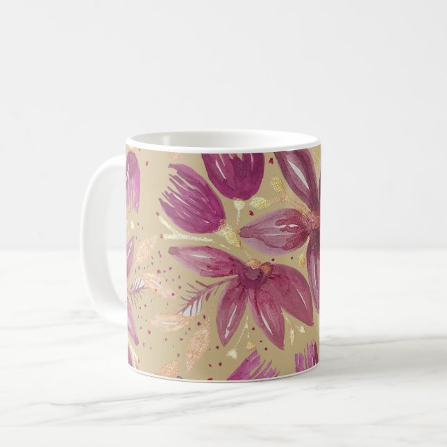 Passion Flowers, Watercolor Burgundy and Gold Coffee Mug (Front Left)