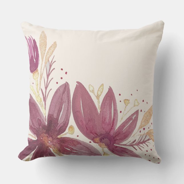 Passion Flowers, Watercolor Burgundy and Gold Cushion (Front)