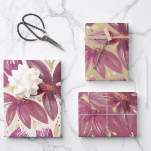 Passion Flowers, Watercolor Burgundy and Gold Wrapping Paper Sheet