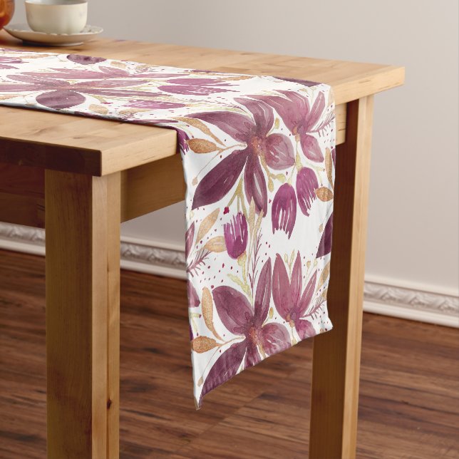 Passion Flowers, Watercolor Burgundy Bronze Gold Long Table Runner (In Situ)