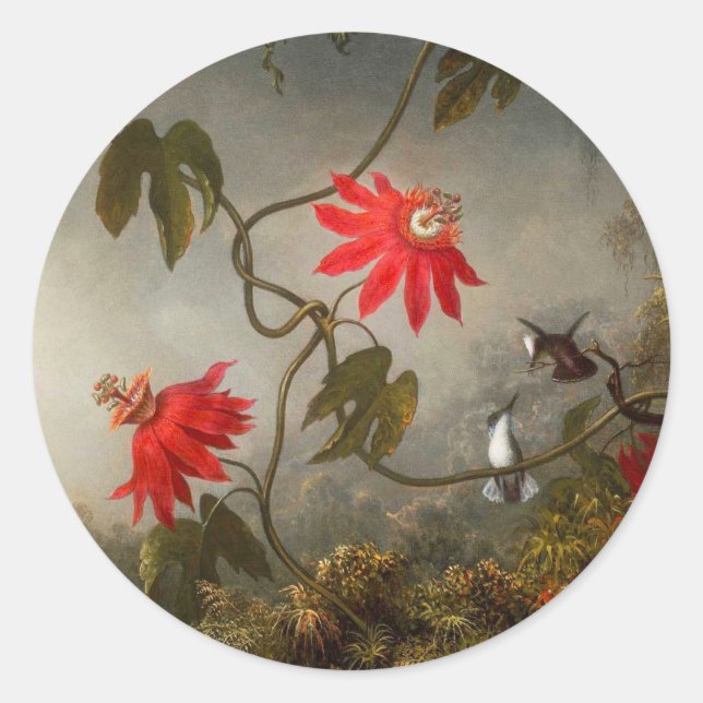 Passion Flowers with Hummingbirds Heade Classic Round Sticker (Front)