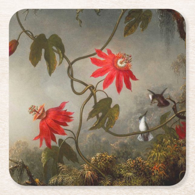 Passion Flowers with Hummingbirds Heade Square Paper Coaster (Front)