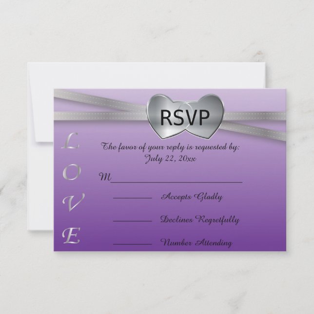 Passion Purple and Silver Wedding Love Hearts RSVP Card (Front)