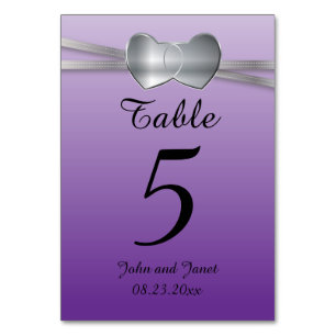 Passion Purple and Silver Wedding Love Hearts Table Number