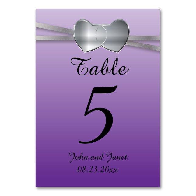 Passion Purple and Silver Wedding Love Hearts Table Number (Front)