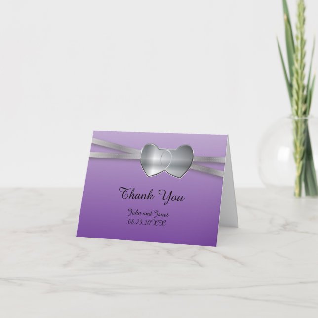 Passion Purple and Silver Wedding Love Hearts Thank You Card (Front)
