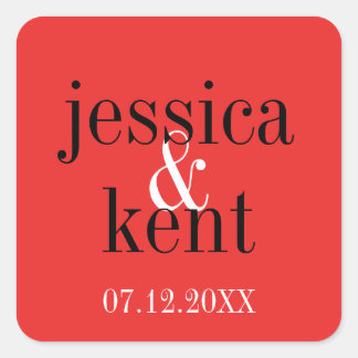Passion red black typography modern wedding favour square sticker