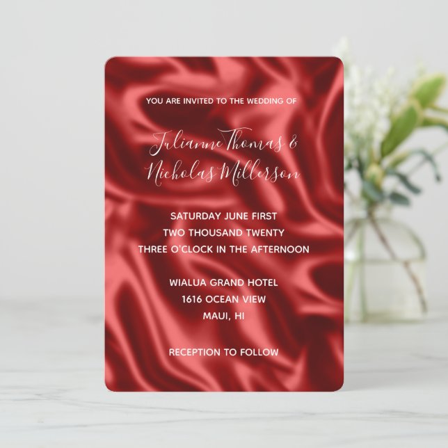 Passion Red Faux Satin Wedding  Invitation (Standing Front)
