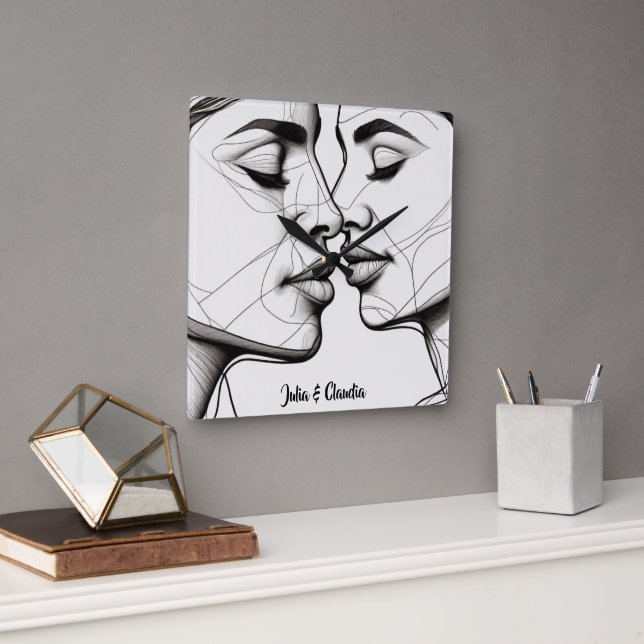 Passionate Lesbian Kissing Elegant  Square Wall Clock (Office)