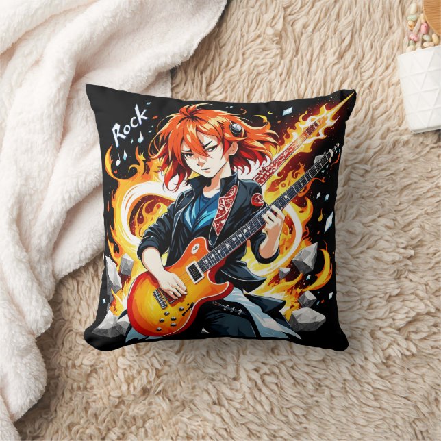 Passionate musician wields an electric guitar cushion (Blanket)