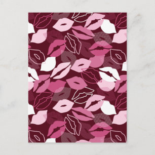 Passionate Red Pink Lips Kissing Pattern Postcard