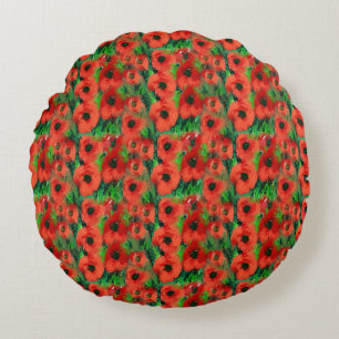 Passionate Red Poppies and Green Foliage Abstract Round Cushion