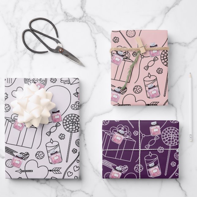 Passionate Valentine: Pink Fashion Perfume Bottle Wrapping Paper Sheet (Front)
