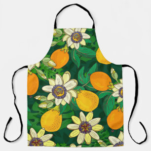 Passionflower Bloom: Black Background Vintage. Apron