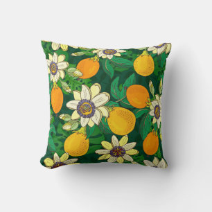 Passionflower Bloom: Black Background Vintage. Cushion