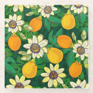 Passionflower Bloom: Black Background Vintage. Glass Coaster
