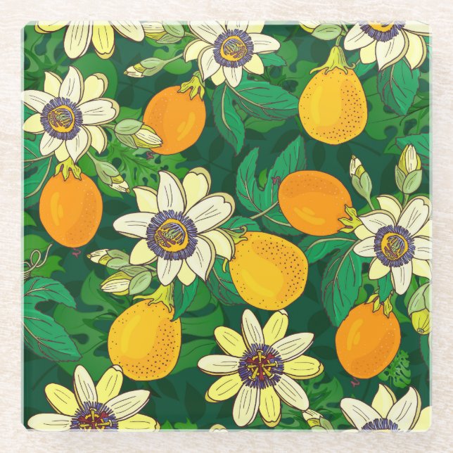Passionflower Bloom: Black Background Vintage. Glass Coaster (Front)