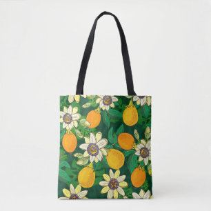 Passionflower (passiflora, passion fruit) on a bla tote bag