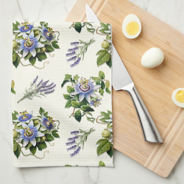 Passionflower Sage Ecru Floral Kitchen Dish Towel (Quarter Fold)