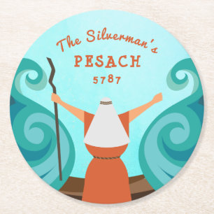 Passover Blue Teal Brown Custom Family Name Year Round Paper Coaster
