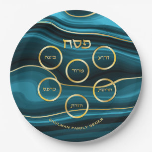 Passover Faux Agate Teal & Gold Seder Plate