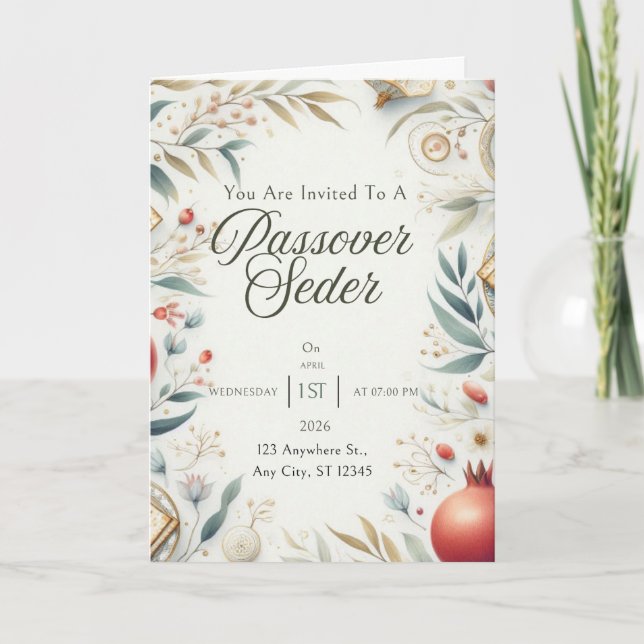 Passover Invitation Card Floral Greenery Pastel (Front)