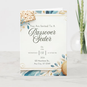 Passover Invitation Card Matzah Blue Gold Floral